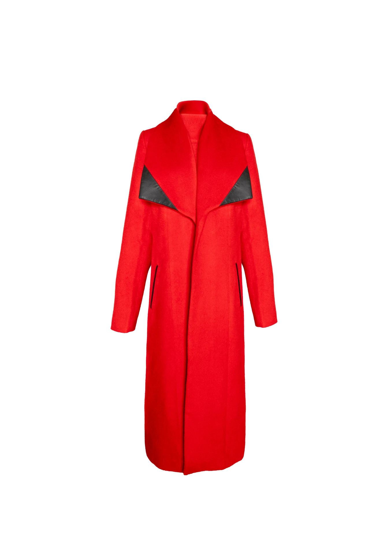 Front of Mia Belted Red Coat with black belt and sharp lapels, photographed in New York City – slow fashion elevated by My Paloma.