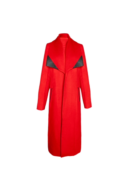 Front of Mia Belted Red Coat with black belt and sharp lapels, photographed in New York City – slow fashion elevated by My Paloma.