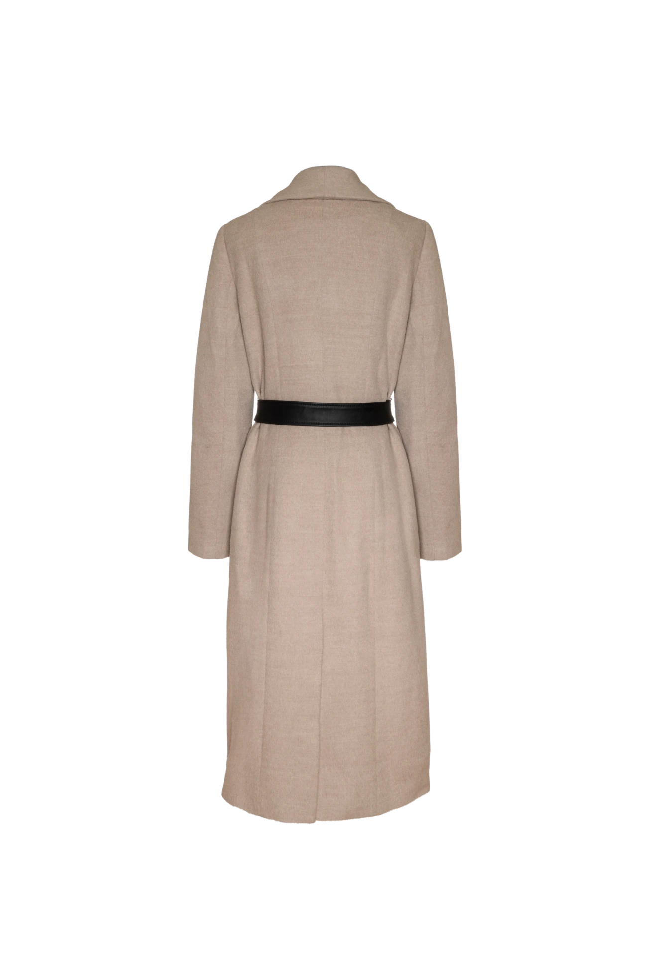 Back of Mia Belted Coat in taupe wool with modern belt detail, shot in Melbourne, Australia – minimalist layering by My Paloma.