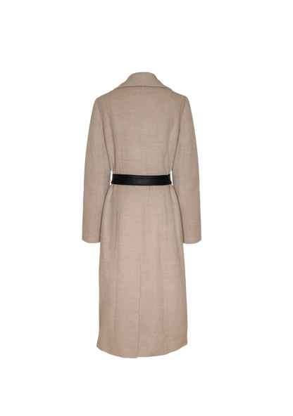 Back of Mia Belted Coat in taupe wool with modern belt detail, shot in Melbourne, Australia – minimalist layering by My Paloma.