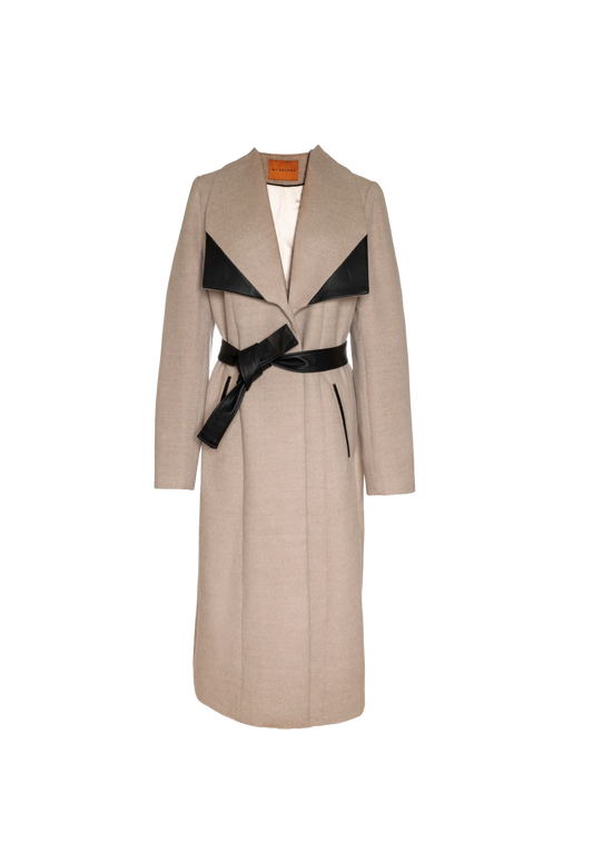 Front-facing image of the Mia Belted Taupe Coat with wide lapels and black accents, captured in Madrid, Spain – timeless tailoring by My Paloma.