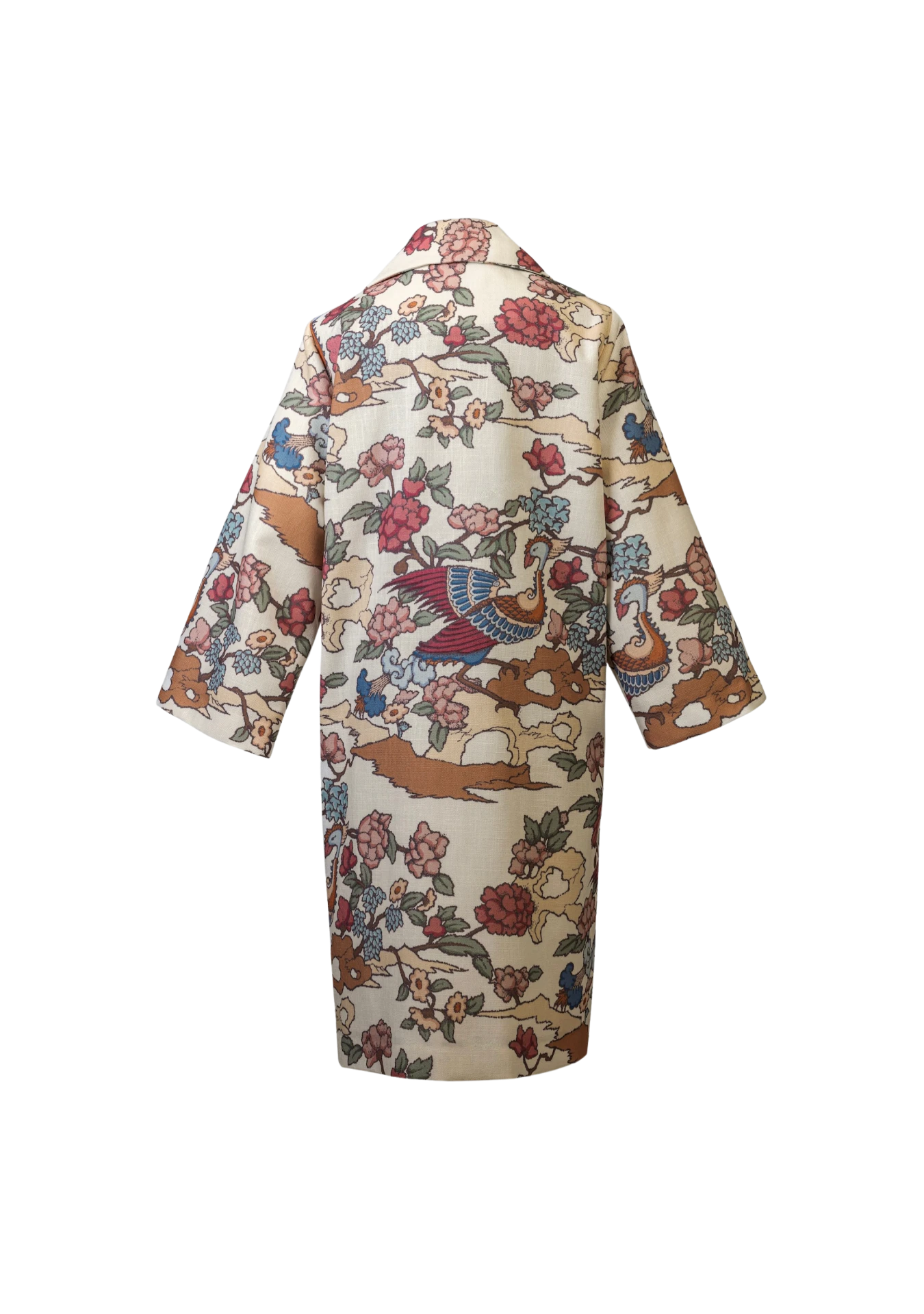 Back view of the Phoenix Kimono with flowing sleeves and heritage print, styled in Stockholm, Sweden – limited-edition outerwear from My Paloma.
