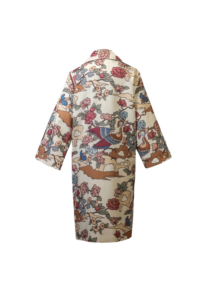 Back view of the Phoenix Kimono with flowing sleeves and heritage print, styled in Stockholm, Sweden – limited-edition outerwear from My Paloma.