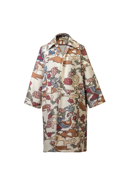 Front of the Phoenix Kimono with peach and green bird motifs, photographed in Lisbon, Portugal – cultural craftsmanship by My Paloma.