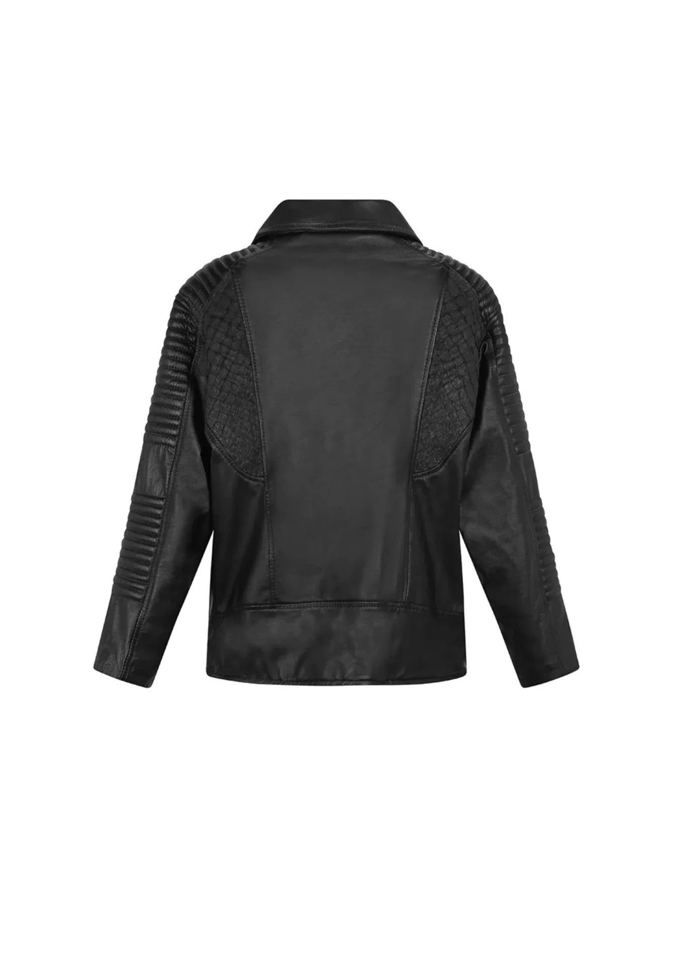 Front view of the Qara Jacket in black eco leather featuring quilted shoulders and moto-inspired stitching, styled in New York City – a collectible fashion piece by My Paloma.