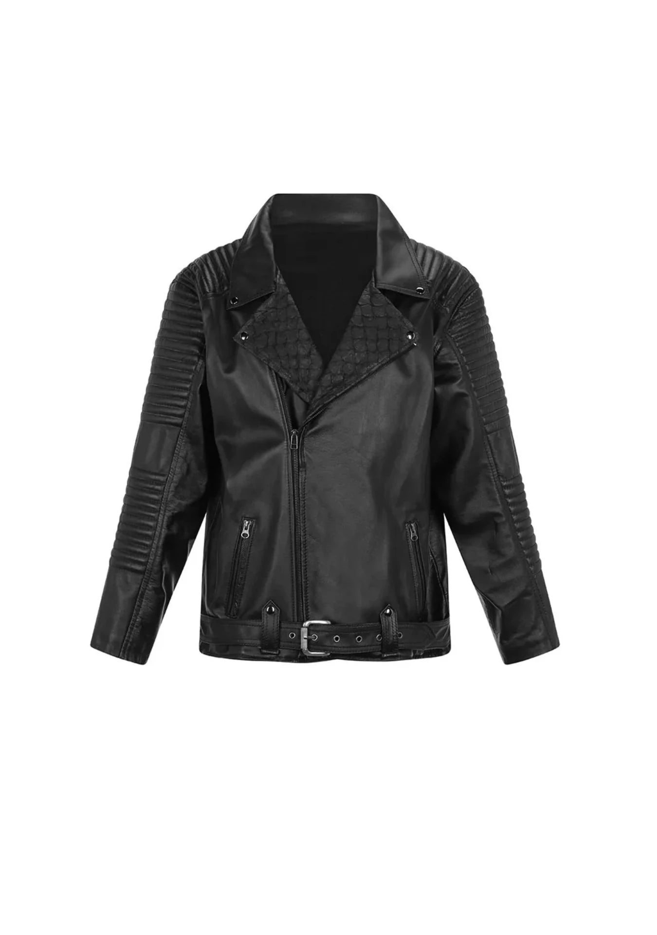 Front view of the Qara Jacket in black eco leather featuring quilted shoulders and moto-inspired stitching, styled in New York City – a collectible fashion piece by My Paloma.