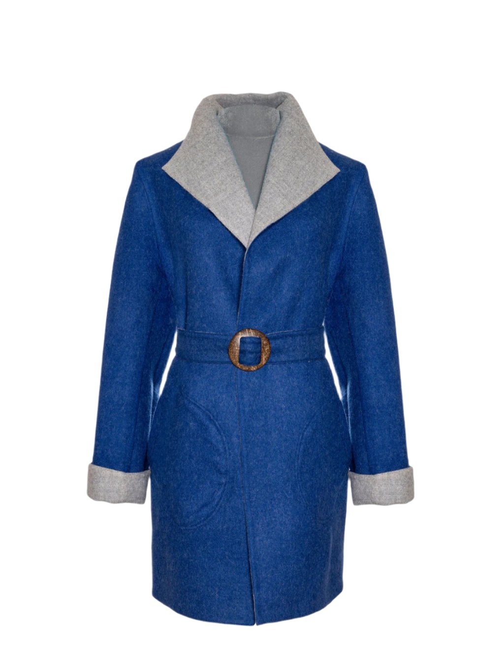 Rear view of the reversible Soho Coat in rich indigo alpaca blend, shot in San Francisco, USA – combining comfort and craft by My Paloma.