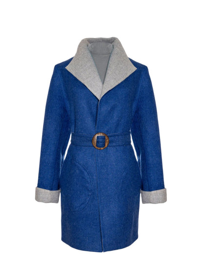 Rear view of the reversible Soho Coat in rich indigo alpaca blend, shot in San Francisco, USA – combining comfort and craft by My Paloma.