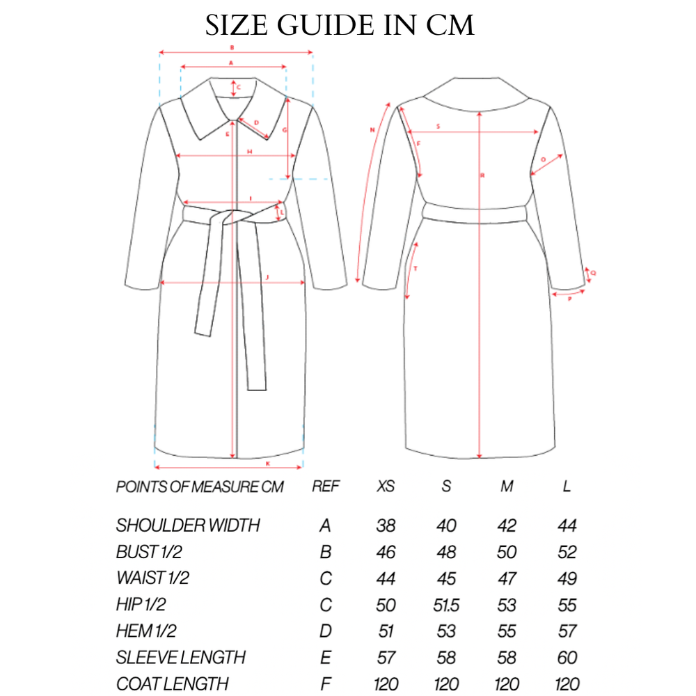 Size chart for Agnes Reversible Alpaca Coat