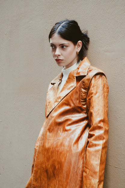 The Sauce Coat in golden caramel finish, designed in Sydney, Australia – showcasing clean tailoring and timeless sophistication by My Paloma.