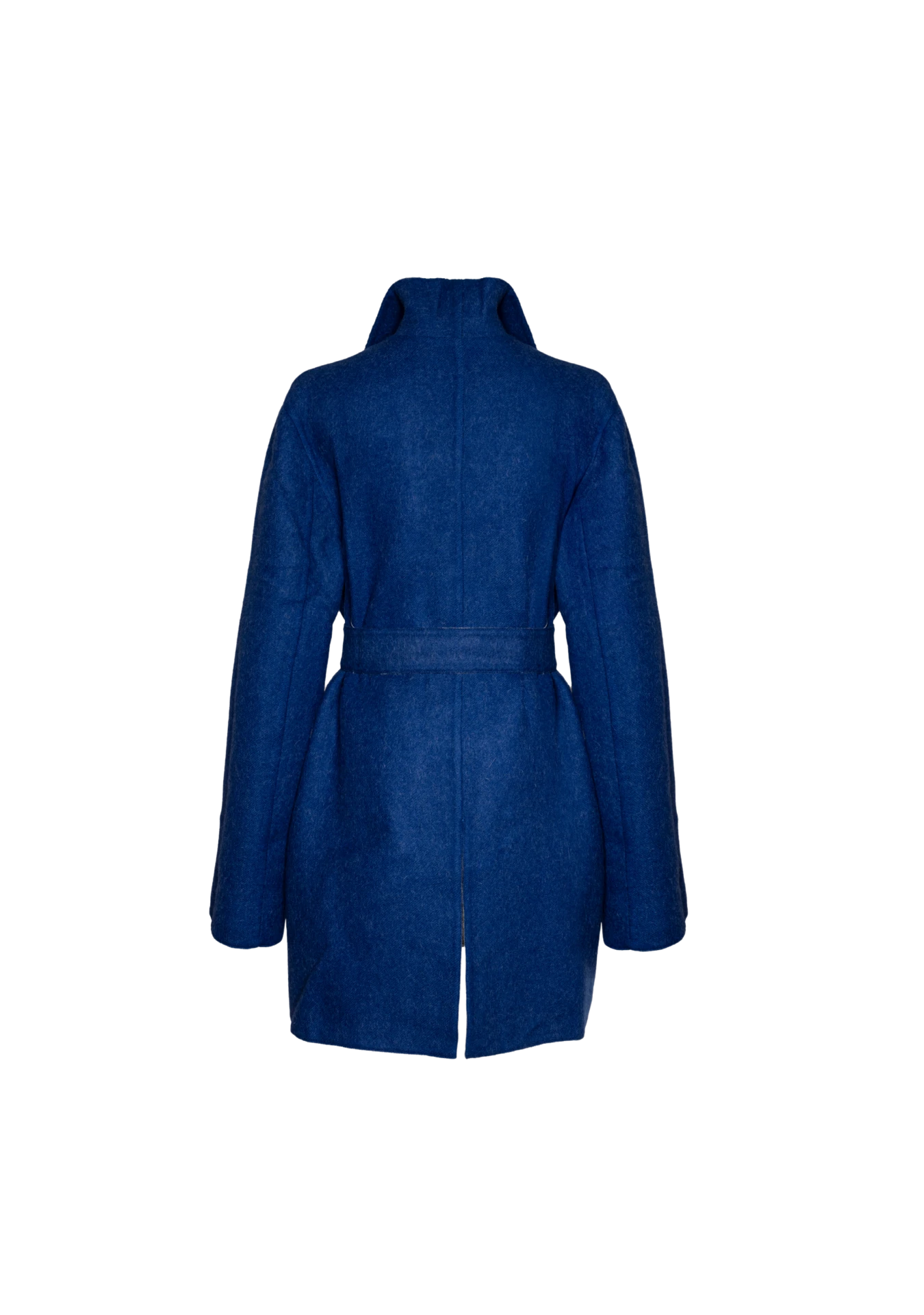 Rear view of the reversible Soho Coat in rich indigo alpaca blend, shot in San Francisco, USA – combining comfort and craft by My Paloma.

