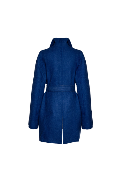 Rear view of the reversible Soho Coat in rich indigo alpaca blend, shot in San Francisco, USA – combining comfort and craft by My Paloma.

