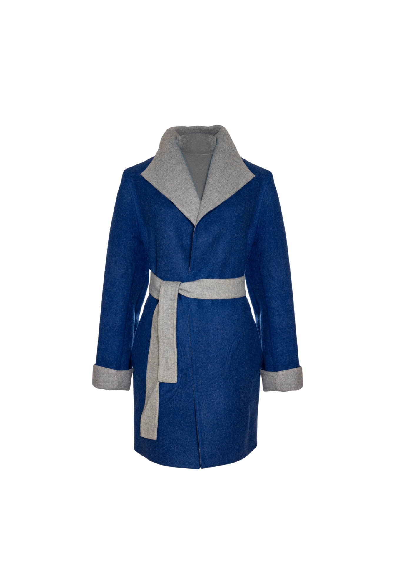 Front detail of the Soho Coat in blue with light grey contrast, styled in London, UK – reversible alpaca fashion by My Paloma.