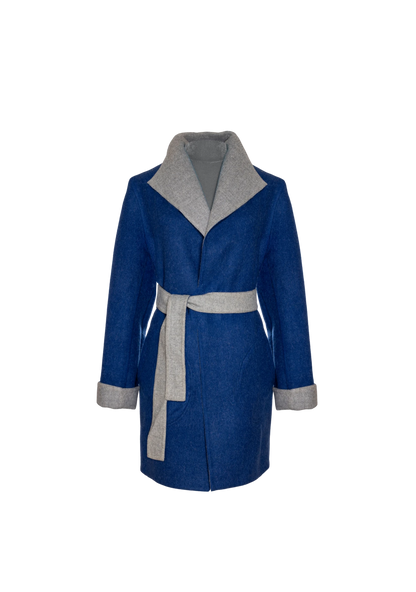 Front detail of the Soho Coat in blue with light grey contrast, styled in London, UK – reversible alpaca fashion by My Paloma.