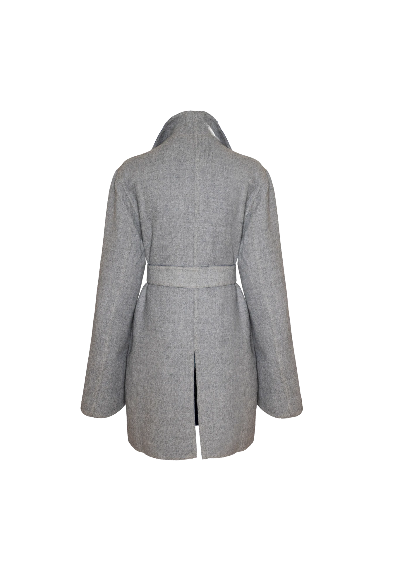 Rear view of the reversible Soho Coat in light grey alpaca blend, shot in San Francisco, USA – combining comfort and craft by My Paloma.

