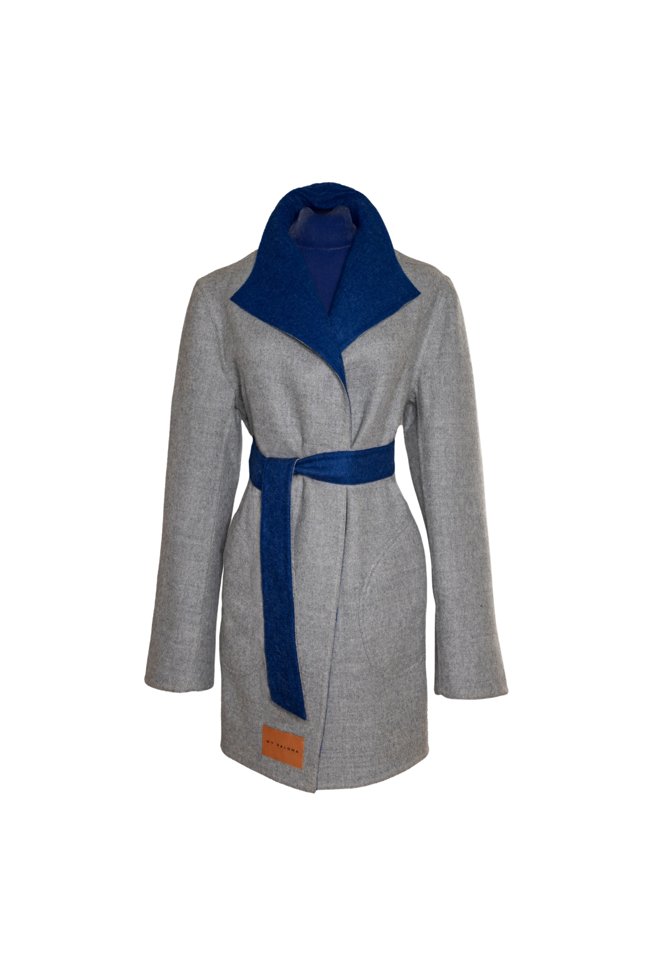 Front detail of the Soho Coat in grey with blue contrast, styled in London, UK – reversible alpaca fashion by My Paloma.