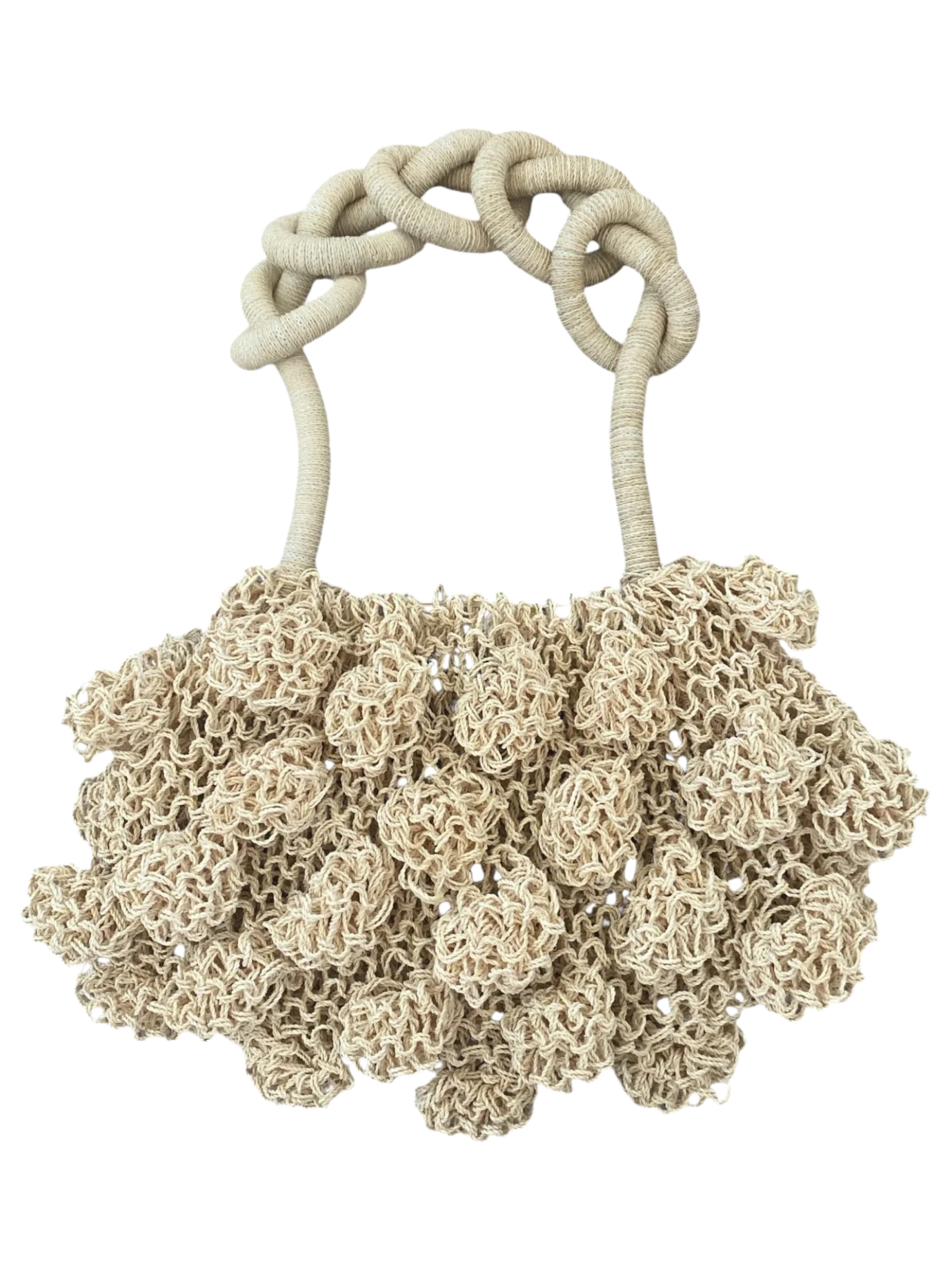 My Paloma Ameba Mesh Bag in natural cream with chunky twisted handles and textured bubble detailing, handmade in Peru.

