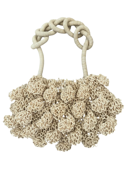 My Paloma Ameba Mesh Bag in natural cream with chunky twisted handles and textured bubble detailing, handmade in Peru.

