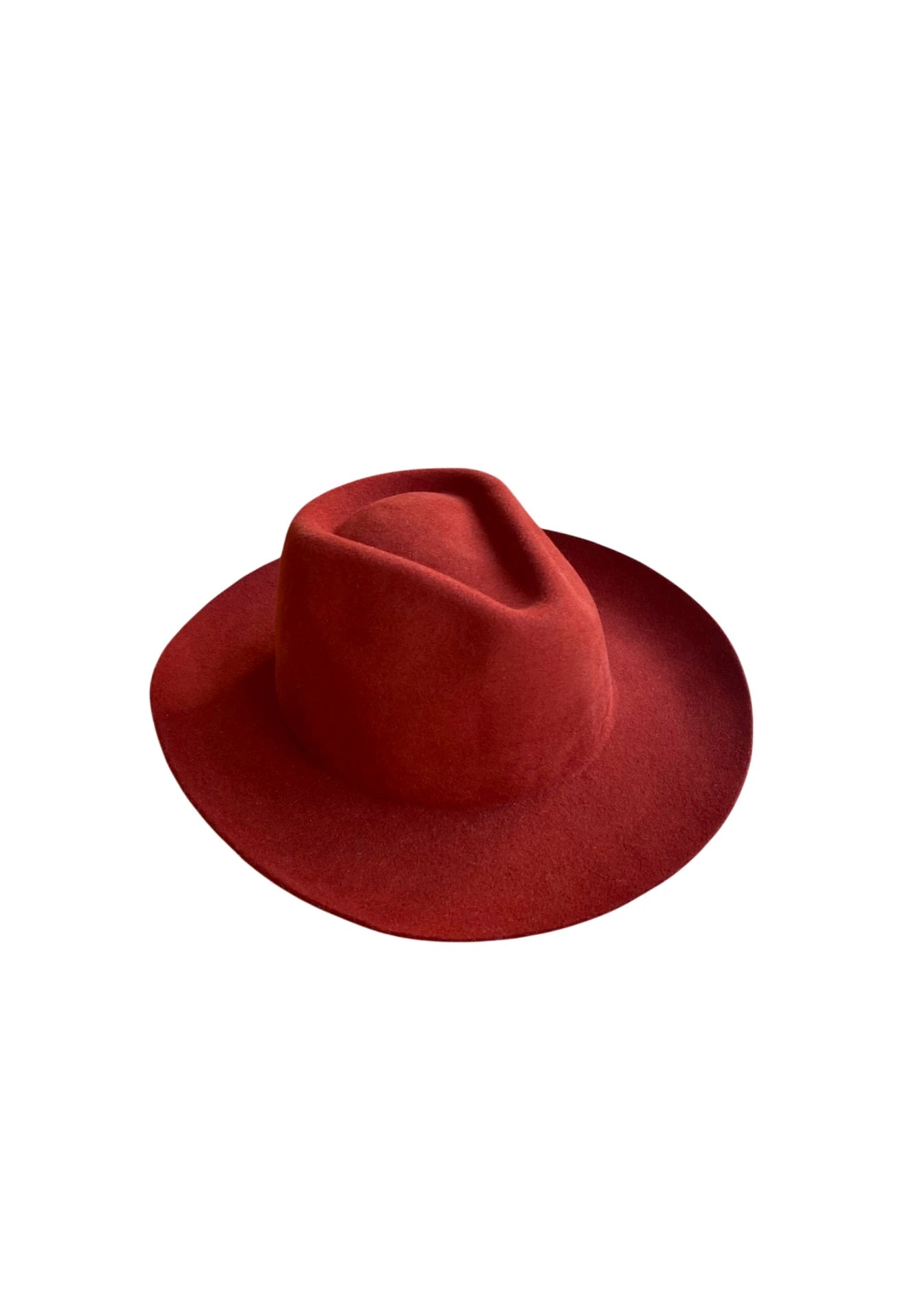 Brick red wool-felt fedora hat with a wide brim and classic pinched crown, displayed on a white background