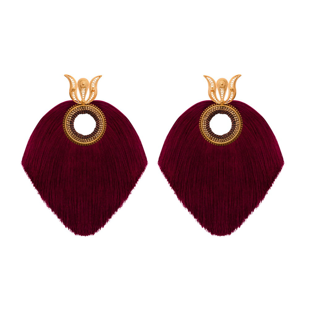Fan fringed gold plated and crystal earrings - Magenta